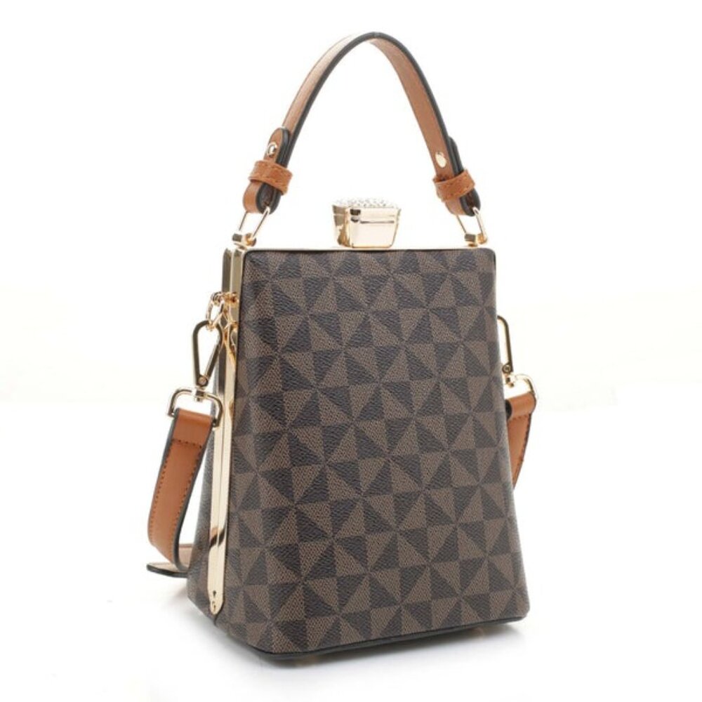 Elegant Monogram Structured Frame Satchel  Cross-body Bag Brown